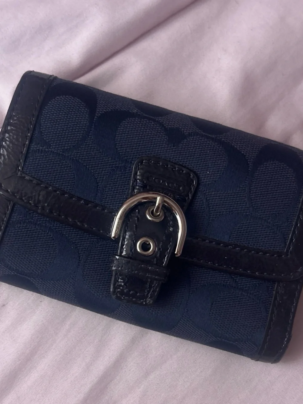 Coach Navy Signature Canvas Wallet with Black Leather Trim and Silver Buckle